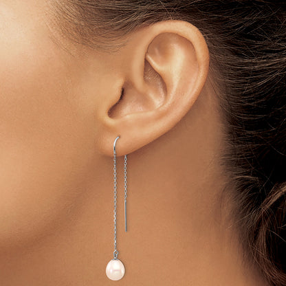 14K White Gold 7 8mm Teardrop Freshwater Cultured Pearl Threader Earrings