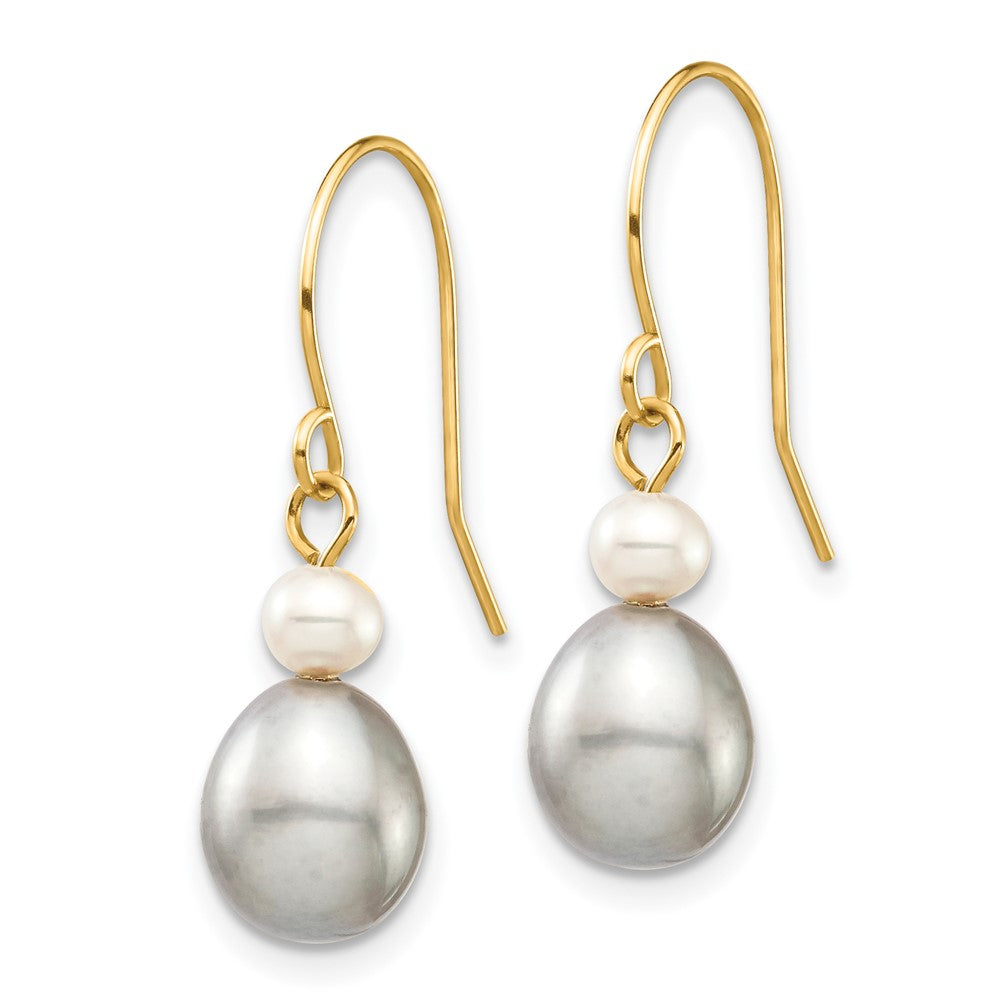 14K Yellow Gold 4 7mm Grey Rice And White Round Freshwater Cultured Pearl Dangle Earrings
