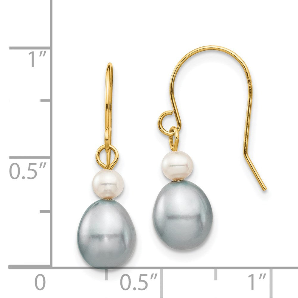 14K Yellow Gold 4 7mm Grey Rice And White Round Freshwater Cultured Pearl Dangle Earrings