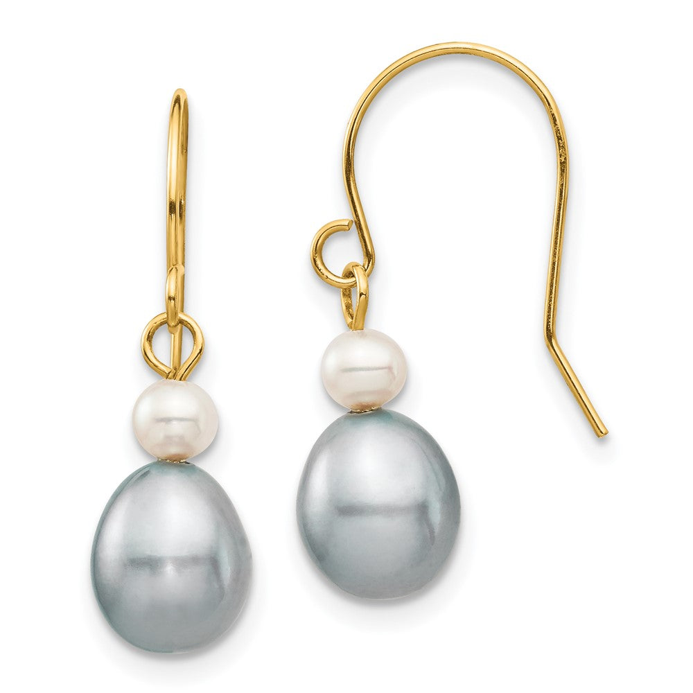 14K Yellow Gold 4 7mm Grey Rice And White Round Freshwater Cultured Pearl Dangle Earrings