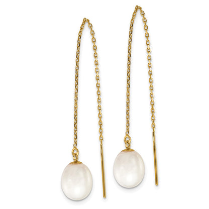 14K Yellow Gold 7 8mm White Rice Freshwater Cultured Pearl Cable Chain Threader Earrings