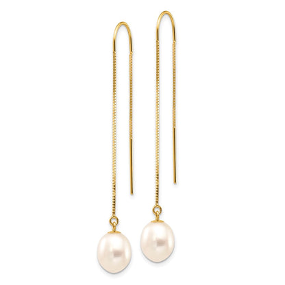 14K Yellow Gold 7 8mm White Rice Freshwater Cultured Pearl Box Chain Threader Earrings
