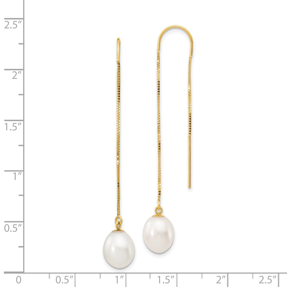 14K Yellow Gold 7 8mm White Rice Freshwater Cultured Pearl Box Chain Threader Earrings