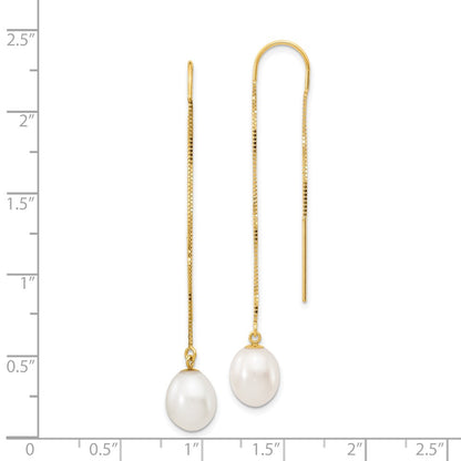 14K Yellow Gold 7 8mm White Rice Freshwater Cultured Pearl Box Chain Threader Earrings