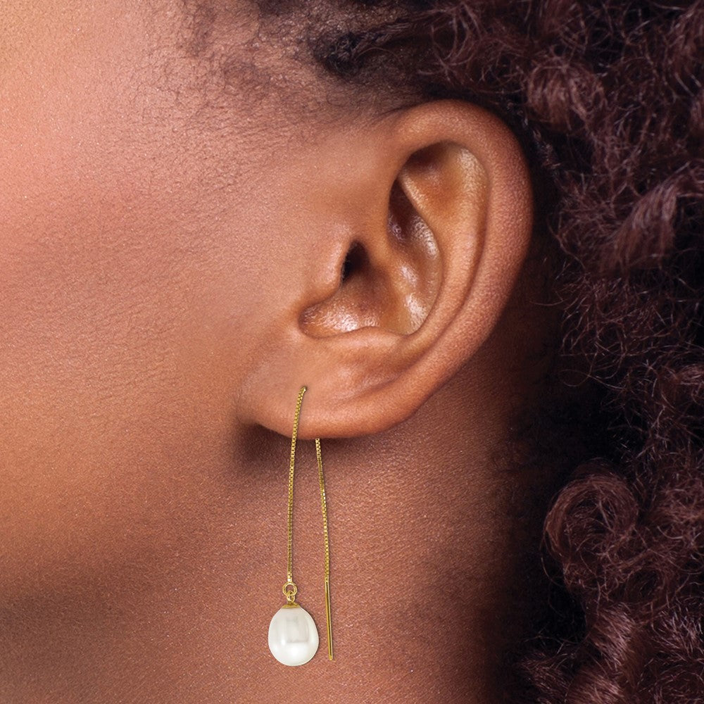 14K Yellow Gold 7 8mm White Teardrop Freshwater Cultured Pearl Box Chain Threader Earrings