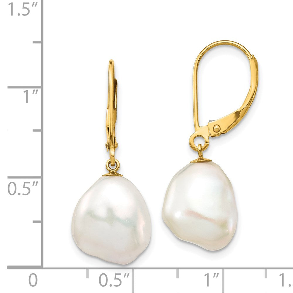 14K Yellow Gold 10X12mm White Keshi Freshwater Cultured Pearl Dangle Leverback Earrings