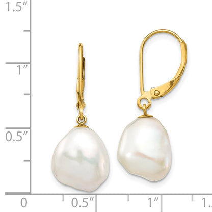 14K Yellow Gold 10X12mm White Keshi Freshwater Cultured Pearl Dangle Leverback Earrings