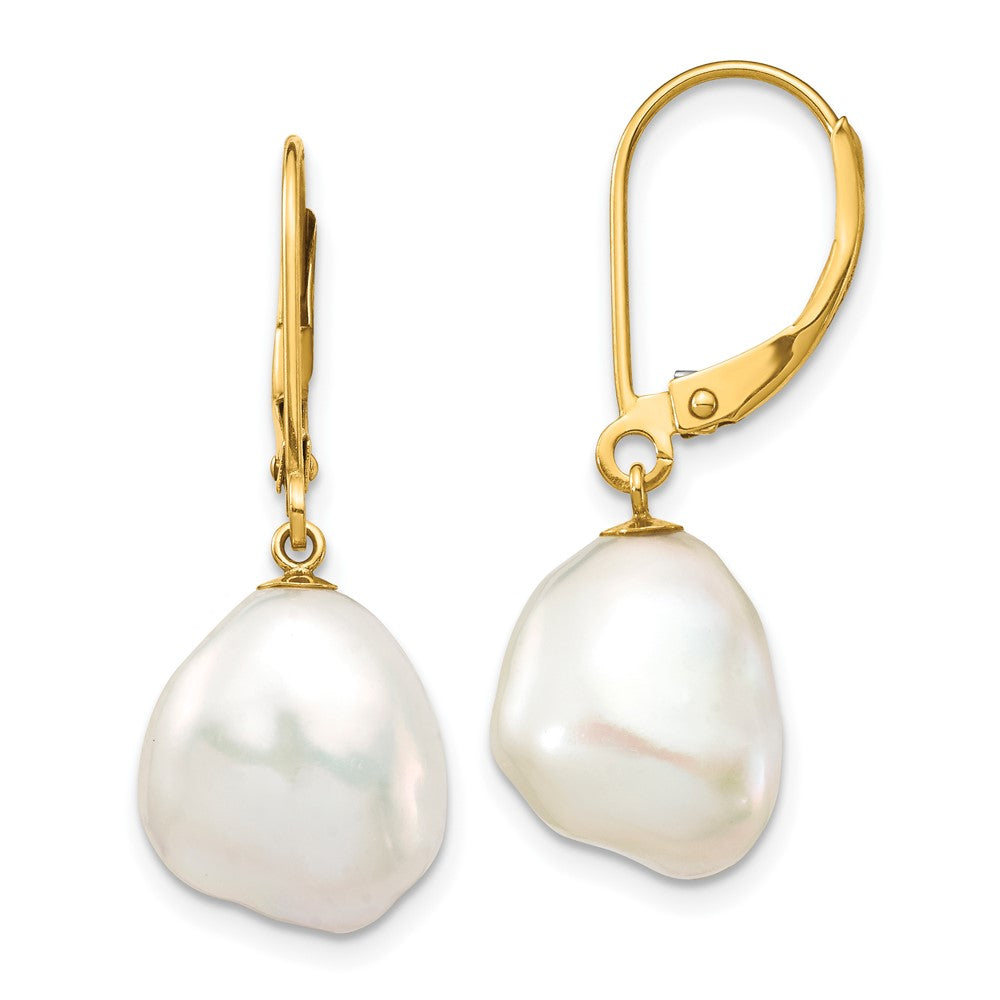 14K Yellow Gold 10X12mm White Keshi Freshwater Cultured Pearl Dangle Leverback Earrings
