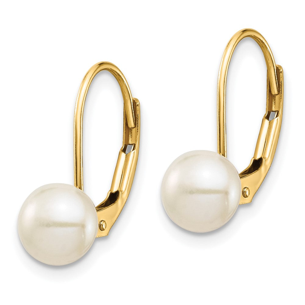 14K Yellow Gold 6 7mm White Button Freshwater Cultured Pearl Leverback Earrings
