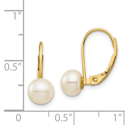 14K Yellow Gold 6 7mm White Button Freshwater Cultured Pearl Leverback Earrings