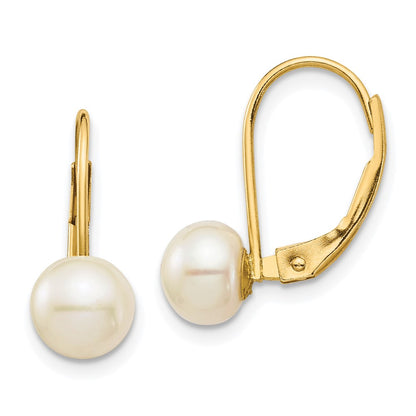 14K Yellow Gold 6 7mm White Button Freshwater Cultured Pearl Leverback Earrings