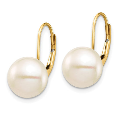 14K Yellow Gold 9 10mm White Button Freshwater Cultured Pearl Leverback Earrings