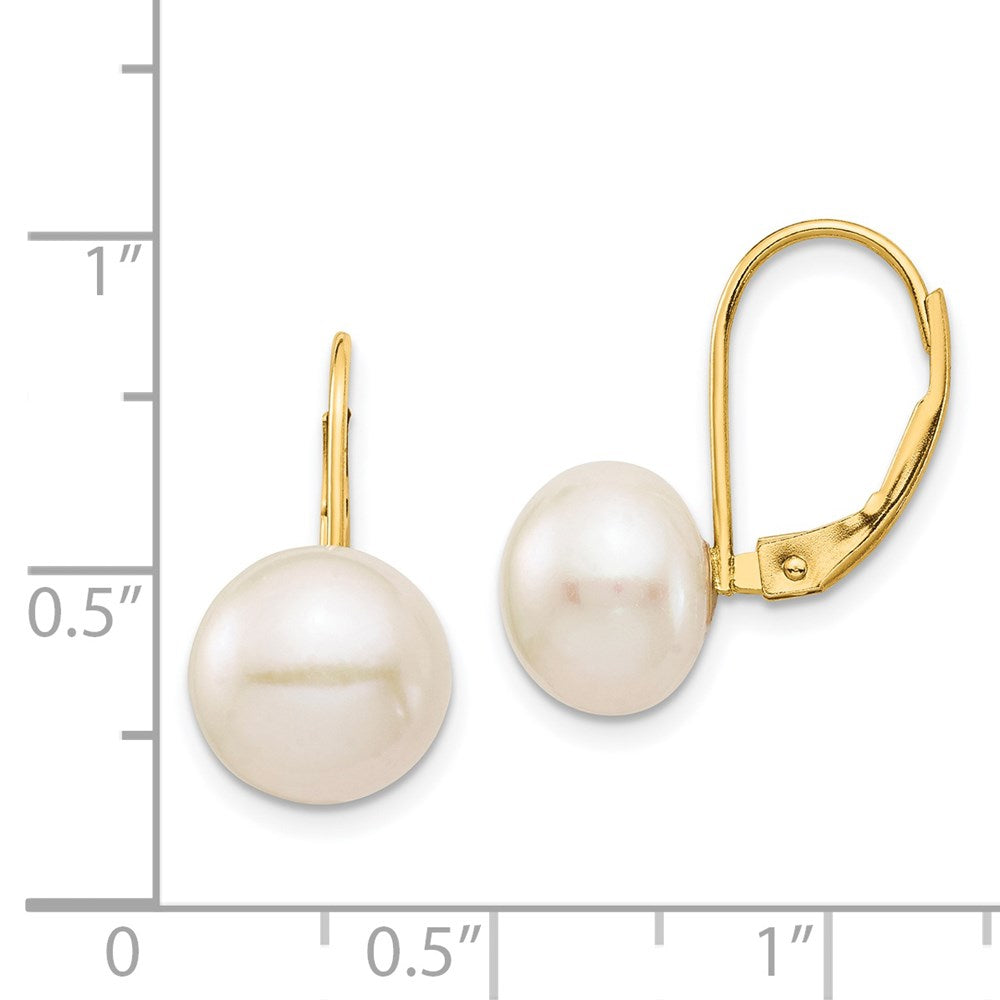 14K Yellow Gold 9 10mm White Button Freshwater Cultured Pearl Leverback Earrings