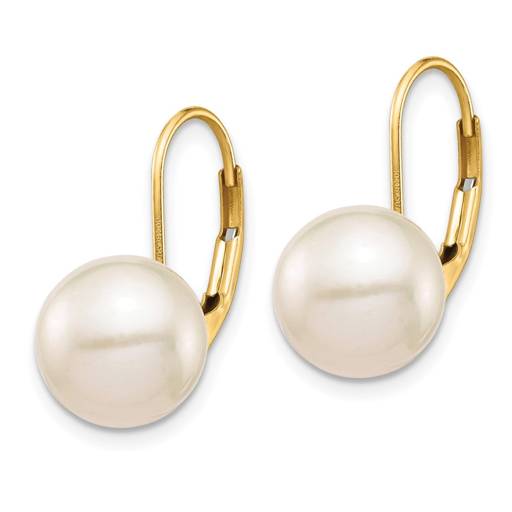 14K Yellow Gold 9 10mm White Round Freshwater Cultured Pearl Leverback Earrings