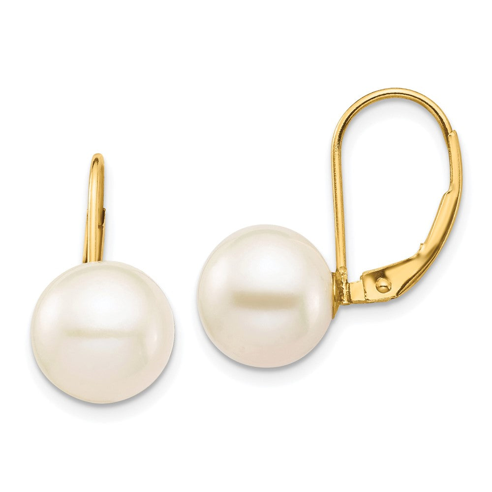 14K Yellow Gold 9 10mm White Round Freshwater Cultured Pearl Leverback Earrings