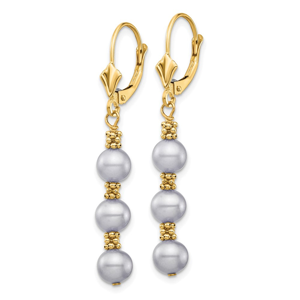 14K Yellow Gold 5 6mm Grey Semi Round Freshwater Cultured Pearl Dangle Leverback Earrings