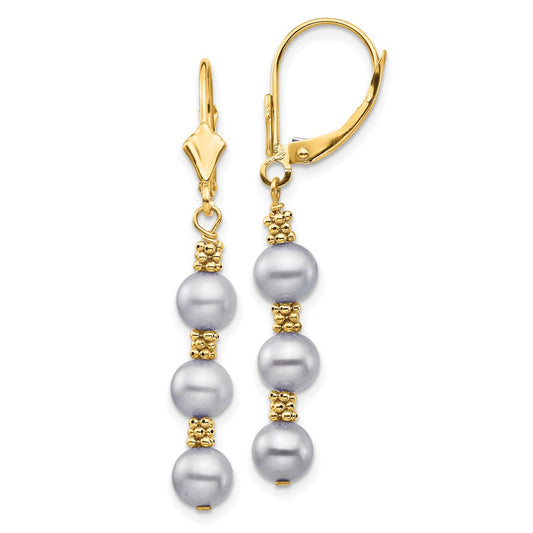 14K Yellow Gold 5 6mm Grey Semi Round Freshwater Cultured Pearl Dangle Leverback Earrings