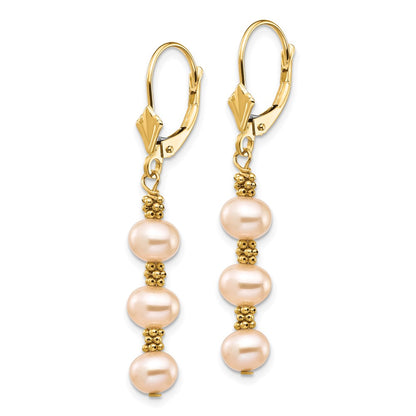 14K Yellow Gold 5 6mm Pink Semi Round Freshwater Cultured Pearl Dangle Leverback Earrings