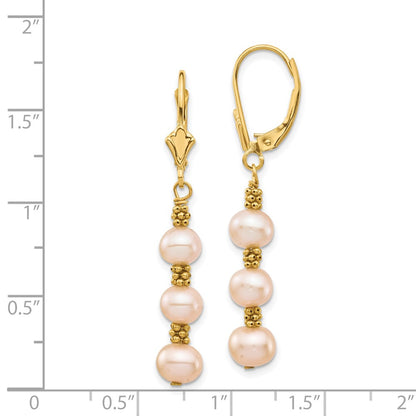 14K Yellow Gold 5 6mm Pink Semi Round Freshwater Cultured Pearl Dangle Leverback Earrings