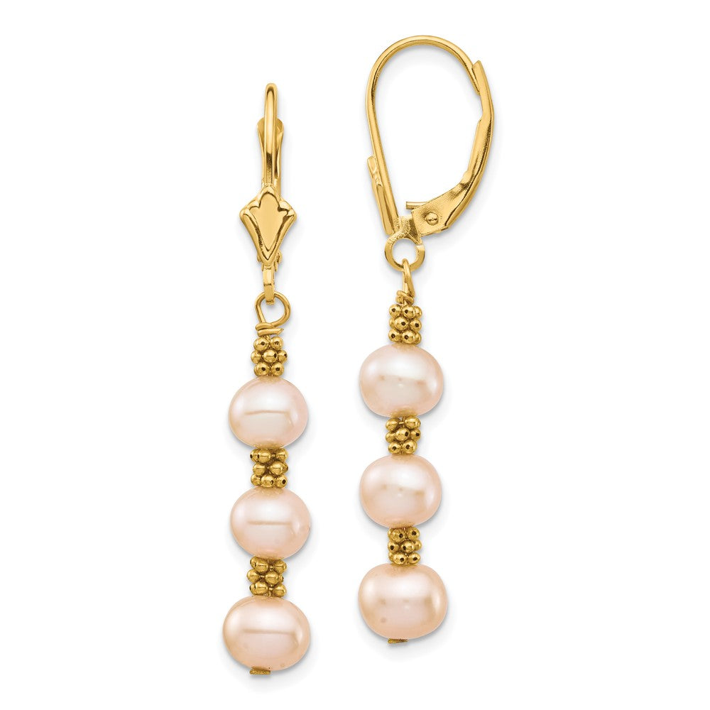 14K Yellow Gold 5 6mm Pink Semi Round Freshwater Cultured Pearl Dangle Leverback Earrings