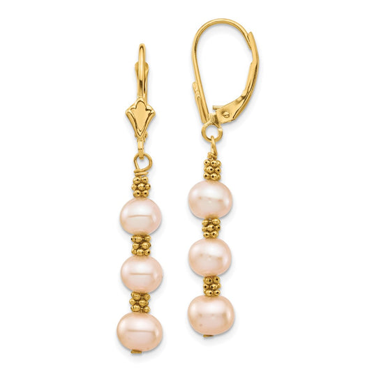 14K Yellow Gold 5 6mm Pink Semi Round Freshwater Cultured Pearl Dangle Leverback Earrings