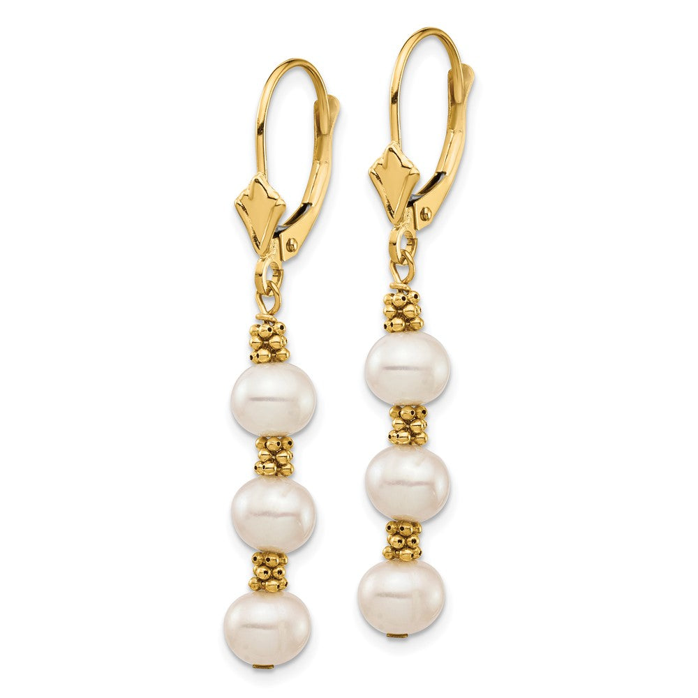 14K Yellow Gold 5 6mm White Semi Round Freshwater Cultured Pearl Dangle Leverback Earrings