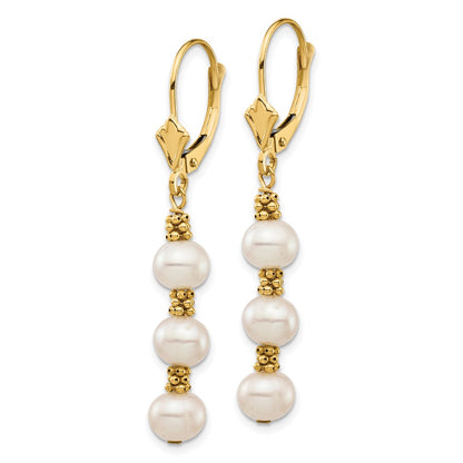 14K Yellow Gold 5 6mm White Semi Round Freshwater Cultured Pearl Dangle Leverback Earrings