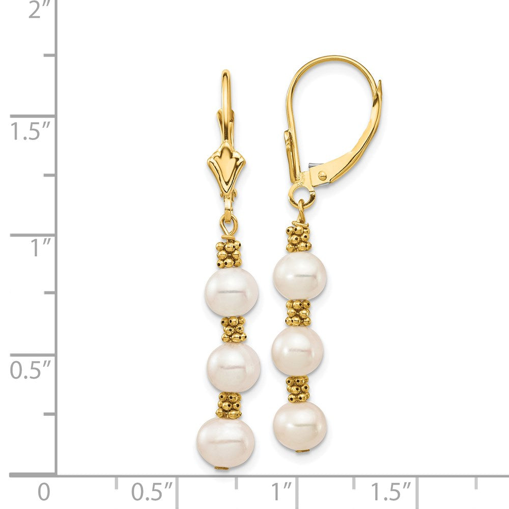 14K Yellow Gold 5 6mm White Semi Round Freshwater Cultured Pearl Dangle Leverback Earrings