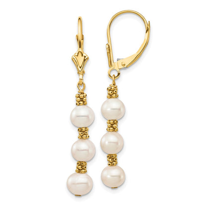 14K Yellow Gold 5 6mm White Semi Round Freshwater Cultured Pearl Dangle Leverback Earrings