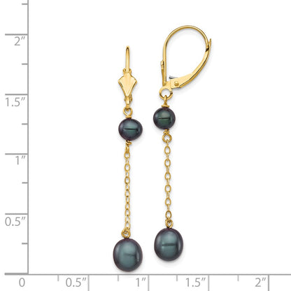14K Yellow Gold 5 7mm Black Rice And Semi Round Freshwater Cultured Pearl Dangle Leverback Earrings