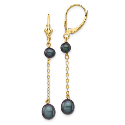 14K Yellow Gold 5 7mm Black Rice And Semi Round Freshwater Cultured Pearl Dangle Leverback Earrings
