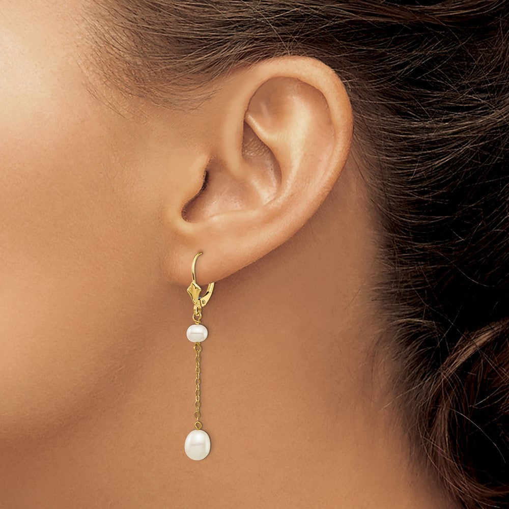 14K Yellow Gold 5 7mm White Rice And Semi Round Freshwater Cultured Pearl Dangle Leverback Earrings