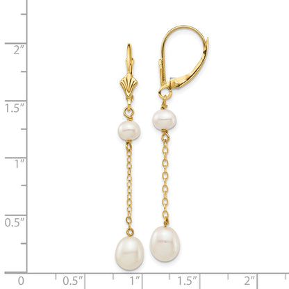 14K Yellow Gold 5 7mm White Rice And Semi Round Freshwater Cultured Pearl Dangle Leverback Earrings