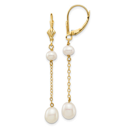 14K Yellow Gold 5 7mm White Rice And Semi Round Freshwater Cultured Pearl Dangle Leverback Earrings