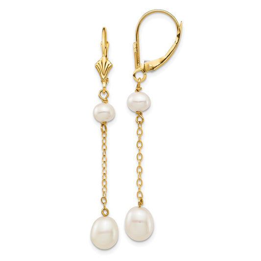 14K Yellow Gold 5 7mm White Rice And Semi Round Freshwater Cultured Pearl Dangle Leverback Earrings