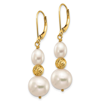 14K Yellow Gold 6 10mm White Round And Rice Freshwater Cultured Pearland Diamond Cut Beaded Dangle Leverback Earrings