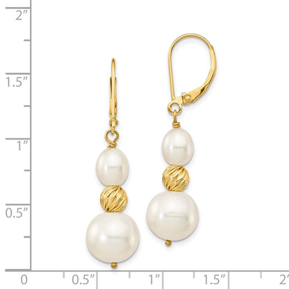 14K Yellow Gold 6 10mm White Round And Rice Freshwater Cultured Pearland Diamond Cut Beaded Dangle Leverback Earrings