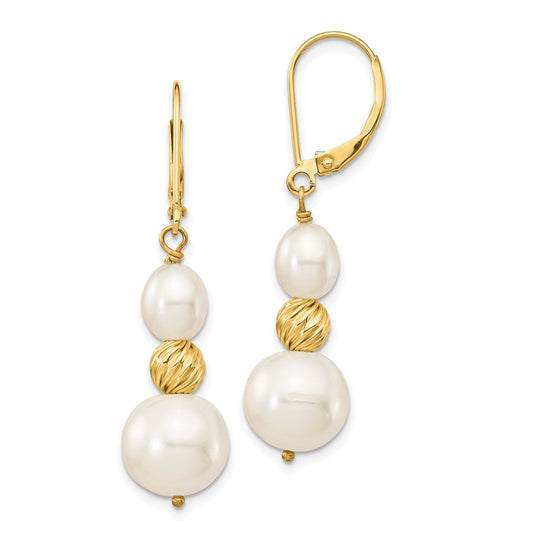 14K Yellow Gold 6 10mm White Round And Rice Freshwater Cultured Pearland Diamond Cut Beaded Dangle Leverback Earrings