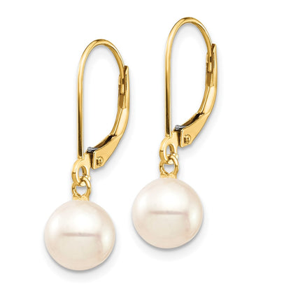 14K Yellow Gold 7 8mm White Round Freshwater Cultured Pearl Dangle Leverback Earrings