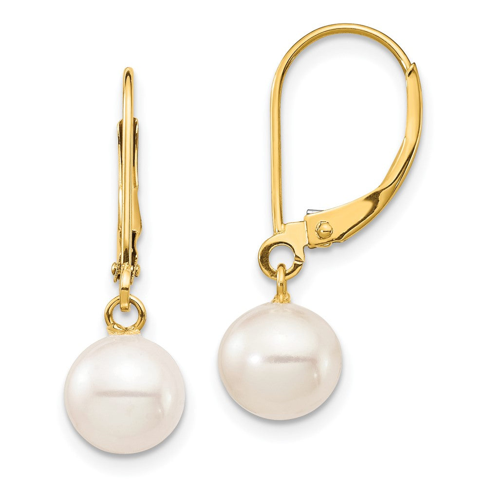 14K Yellow Gold 7 8mm White Round Freshwater Cultured Pearl Dangle Leverback Earrings