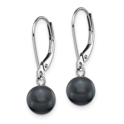 14K White Gold 7 8mm Black Round Freshwater Cultured Pearl Dangle Leverback Earrings