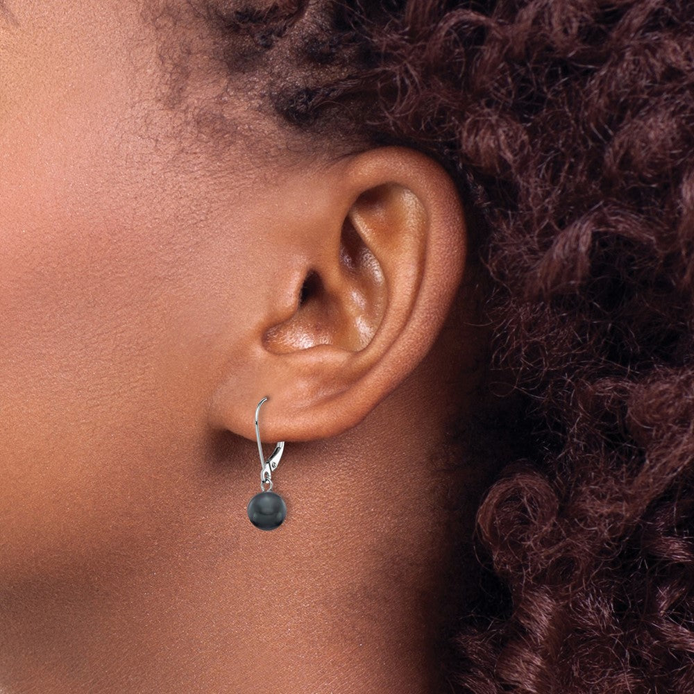 14K White Gold 7 8mm Black Round Freshwater Cultured Pearl Dangle Leverback Earrings