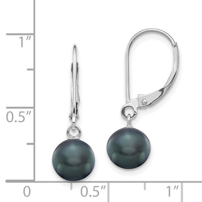 14K White Gold 7 8mm Black Round Freshwater Cultured Pearl Dangle Leverback Earrings