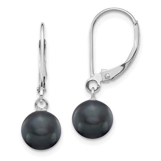 14K White Gold 7 8mm Black Round Freshwater Cultured Pearl Dangle Leverback Earrings