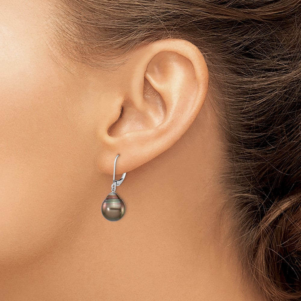 14K White Gold 10 11mm Black Teardrop Tahitian Saltwater Cultured Pearl Leverback Dangle Earrings