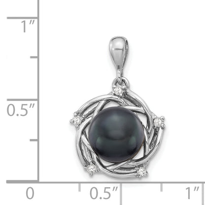 14k White Gold 14k White Gold 8-9mm Black Round Tahitian Saltwater Cultured Pearl and .075 Carat Diamond Pendant