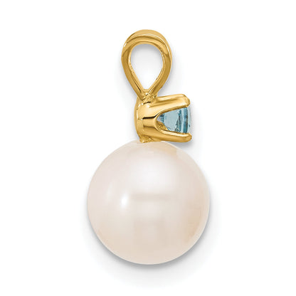 14k Yellow Gold 14k 7-7.5mm White Round Freshwater Cultured Pearl and .09BT Swiss Blue Topaz Pendant