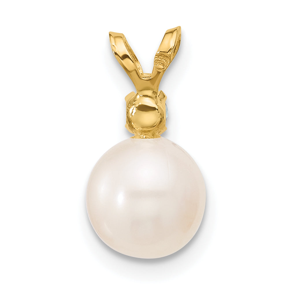 14k Yellow Gold 14k 7-7.5mm White Round Freshwater Cultured Pearl and .09BT Swiss Blue Topaz Pendant