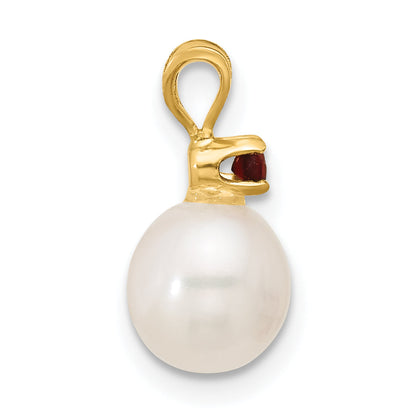 14k Yellow Gold 14k 7-7.5mm White Round Freshwater Cultured Pearl and .09GA Garnet Pendant