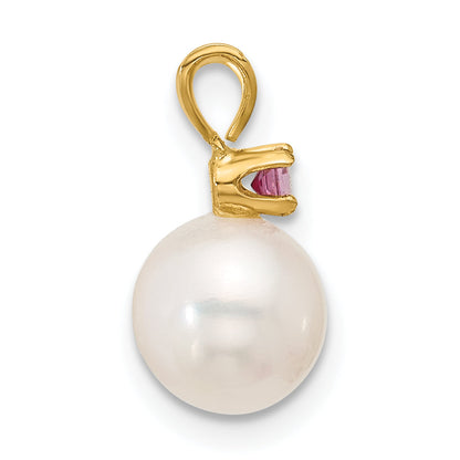 14k Yellow Gold 14k 7-7.5mm White Round Freshwater Cultured Pearl and .07PT Pink Topaz Pendant